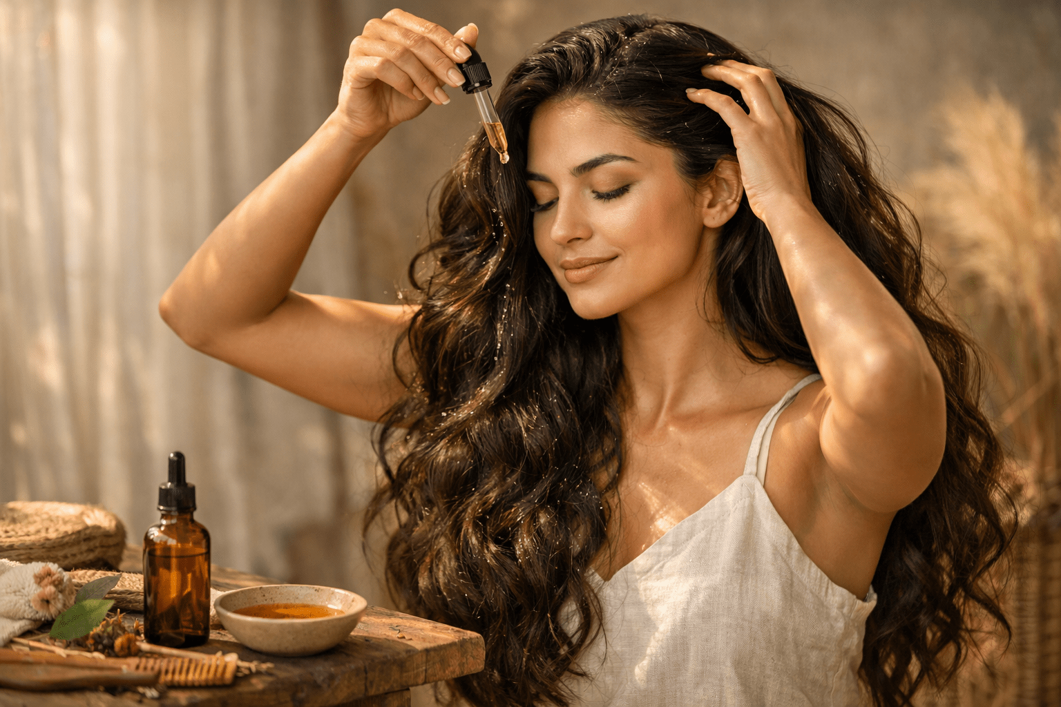Mujer aplicando aceite capilar con cabello largo, brillante y con volumen en un ritual de hair oiling