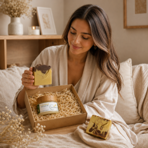 mujer abriendo una caja de cosmetica