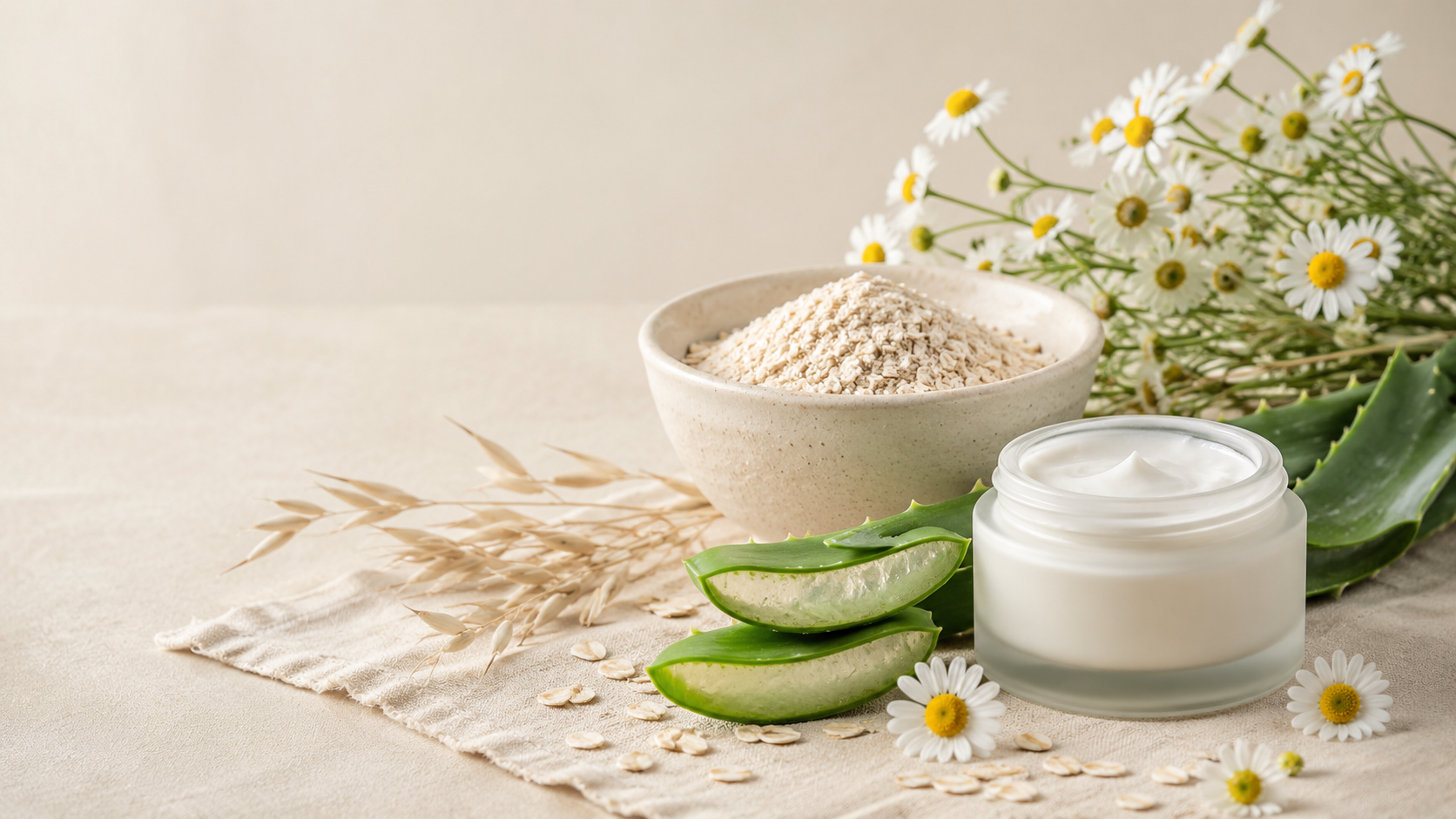 Avena, aloe vera y manzanilla para piel sensible en cosmética natural