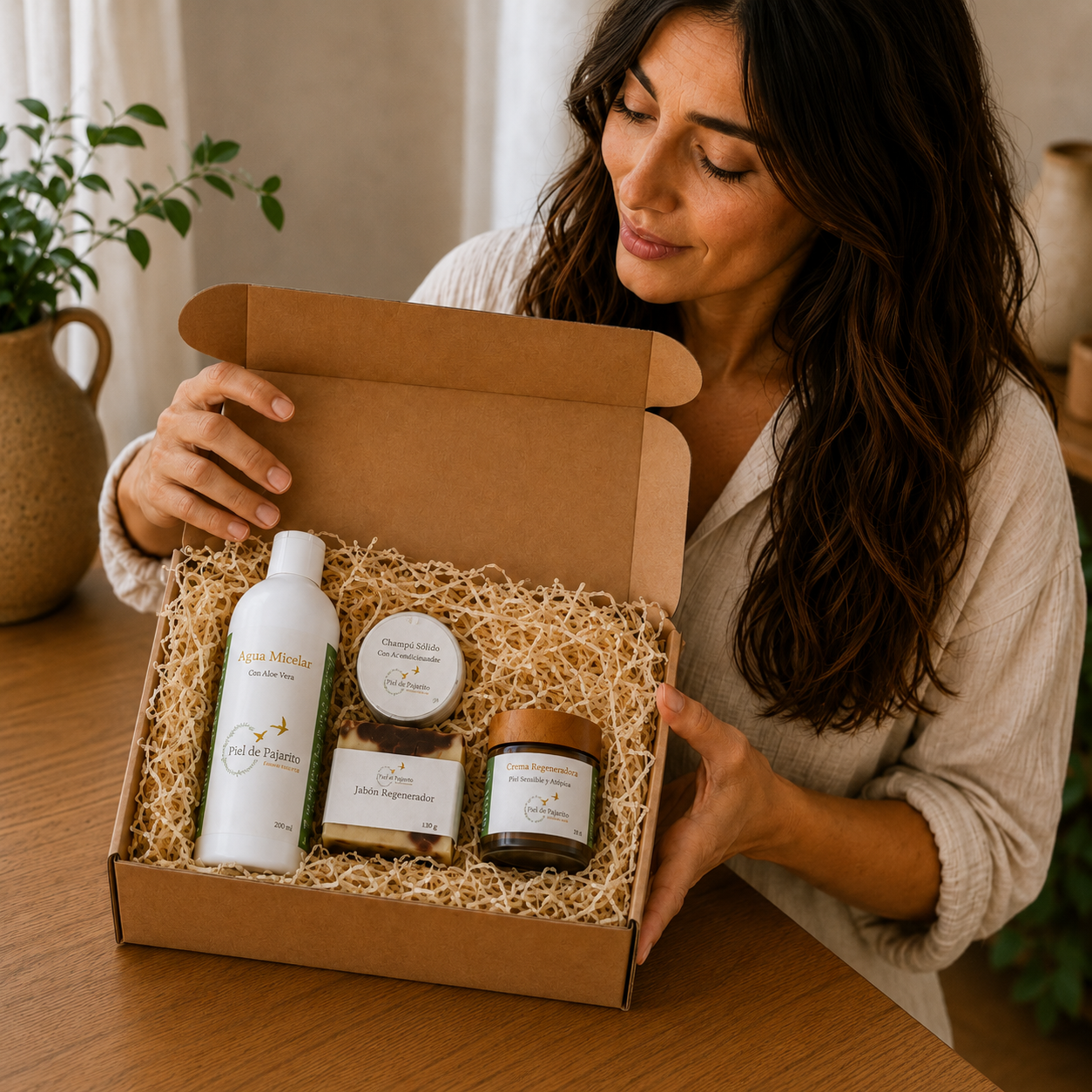 mujer abriendo caja cosmetica