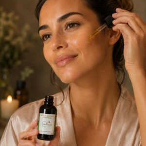 Mujer aplicando sérum botánico antioxidante con aceites vegetales