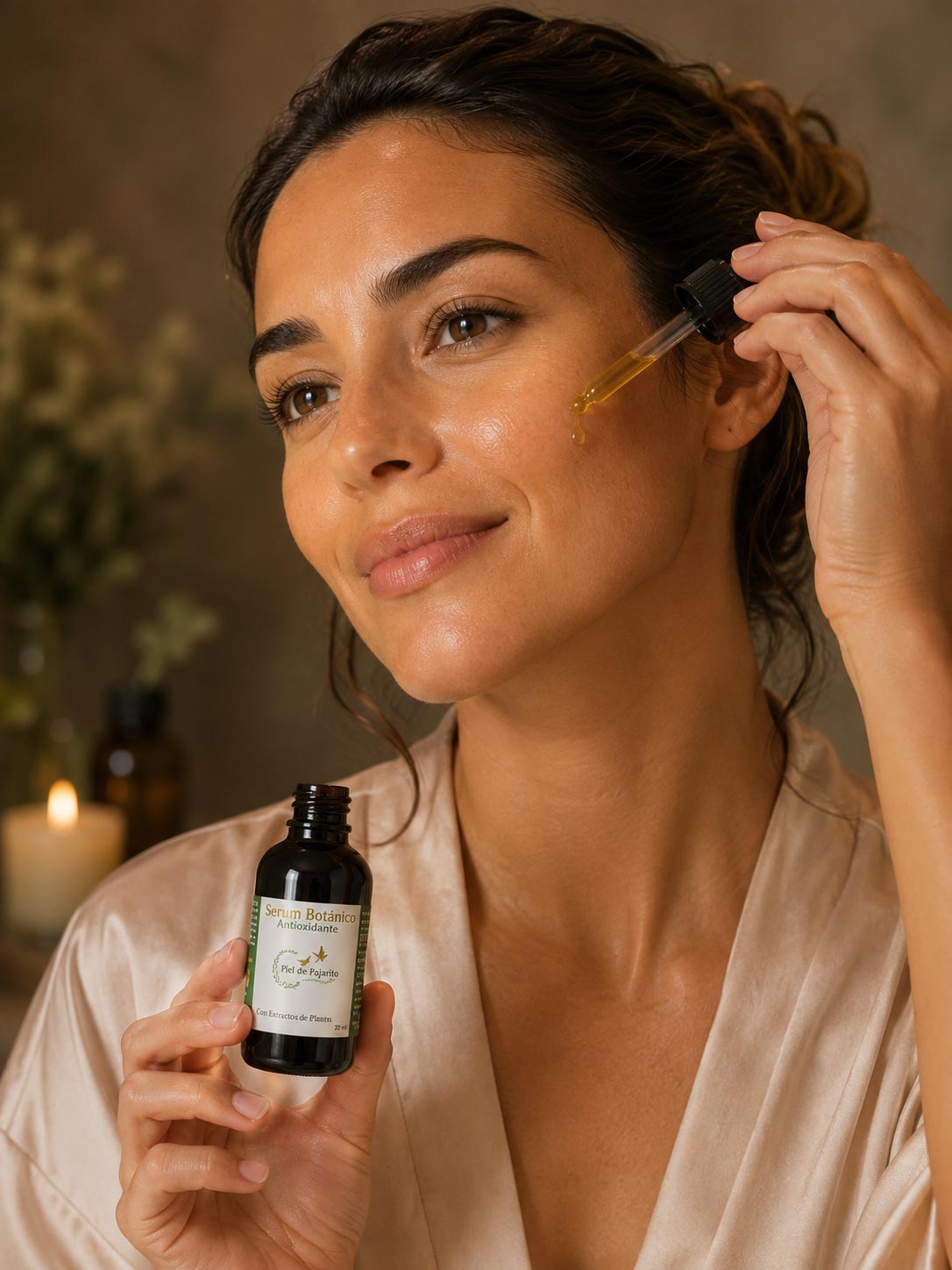 Mujer aplicando sérum botánico antioxidante con aceites vegetales