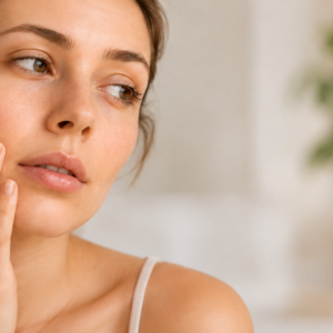 Mujer tocándose suavemente la mejilla después de la limpieza facial