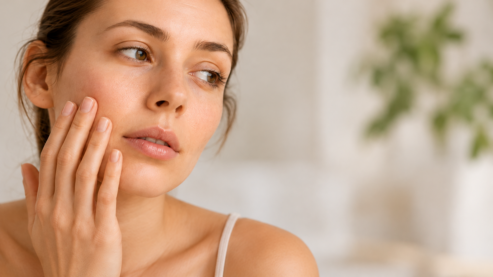 Mujer tocándose suavemente la mejilla después de la limpieza facial