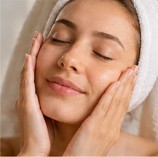 Mujer limpiando su rostro con suavidad durante su rutina facial
